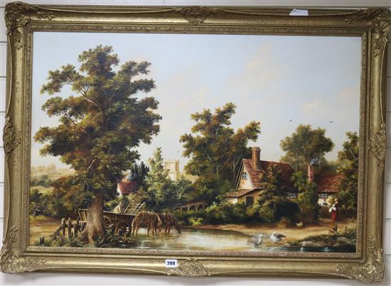 K. Douglas, oil on canvas, haycart crossing a brook, signed, 60 x 91cm